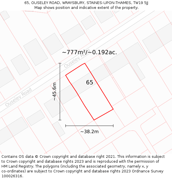 65, OUSELEY ROAD, WRAYSBURY, STAINES-UPON-THAMES, TW19 5JJ: Plot and title map