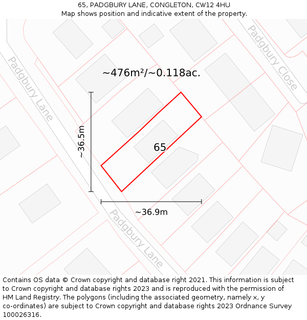 65, PADGBURY LANE, CONGLETON, CW12 4HU: Plot and title map