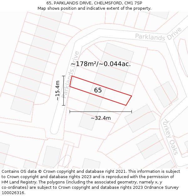 65, PARKLANDS DRIVE, CHELMSFORD, CM1 7SP: Plot and title map