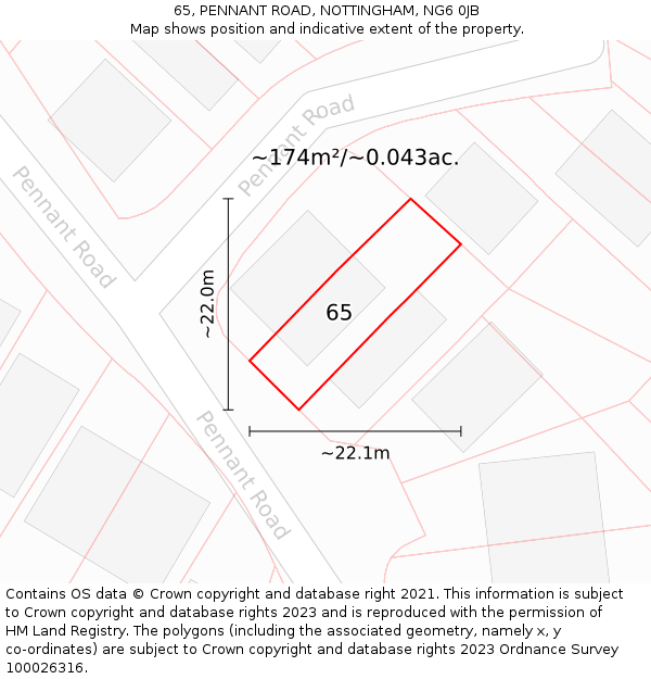 65, PENNANT ROAD, NOTTINGHAM, NG6 0JB: Plot and title map