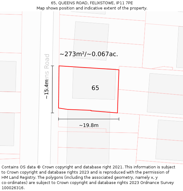 65, QUEENS ROAD, FELIXSTOWE, IP11 7PE: Plot and title map