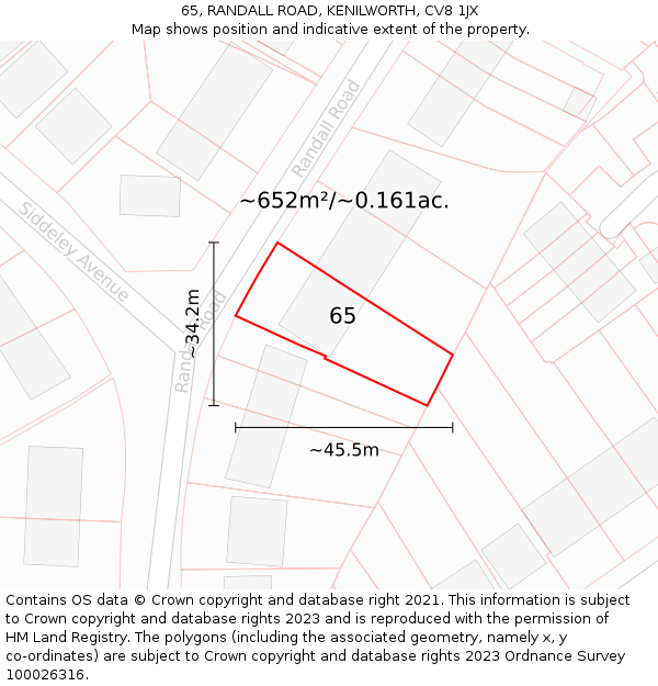 65, RANDALL ROAD, KENILWORTH, CV8 1JX: Plot and title map