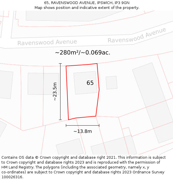 65, RAVENSWOOD AVENUE, IPSWICH, IP3 9GN: Plot and title map