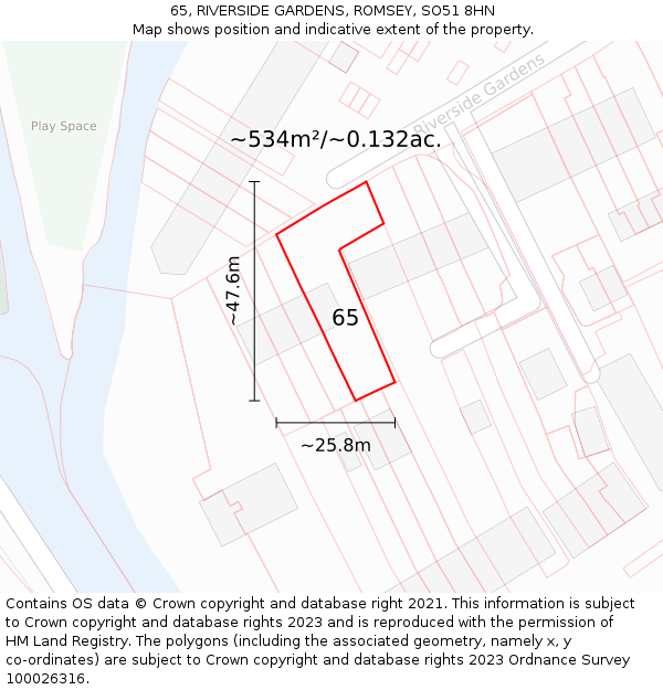 65, RIVERSIDE GARDENS, ROMSEY, SO51 8HN: Plot and title map