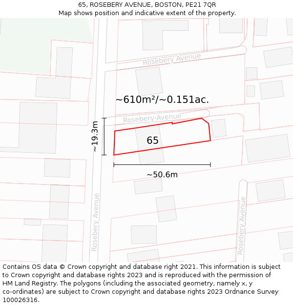 65, ROSEBERY AVENUE, BOSTON, PE21 7QR: Plot and title map