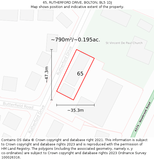 65, RUTHERFORD DRIVE, BOLTON, BL5 1DJ: Plot and title map