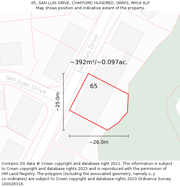 65, SAN LUIS DRIVE, CHAFFORD HUNDRED, GRAYS, RM16 6LP: Plot and title map