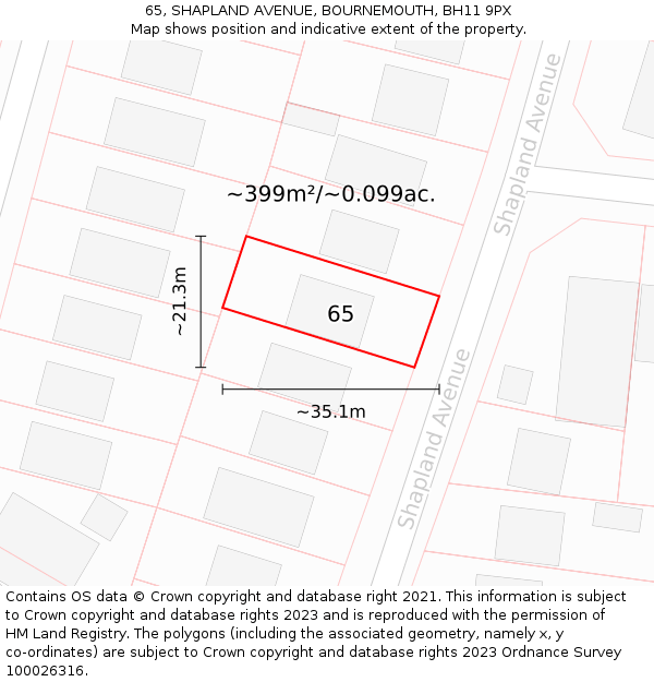 65, SHAPLAND AVENUE, BOURNEMOUTH, BH11 9PX: Plot and title map