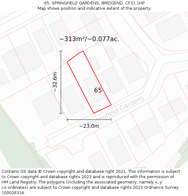 65, SPRINGFIELD GARDENS, BRIDGEND, CF31 1HP: Plot and title map