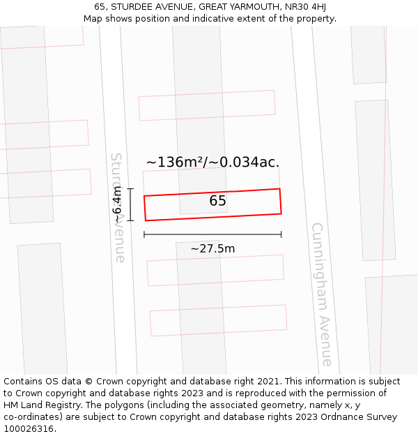 65, STURDEE AVENUE, GREAT YARMOUTH, NR30 4HJ: Plot and title map