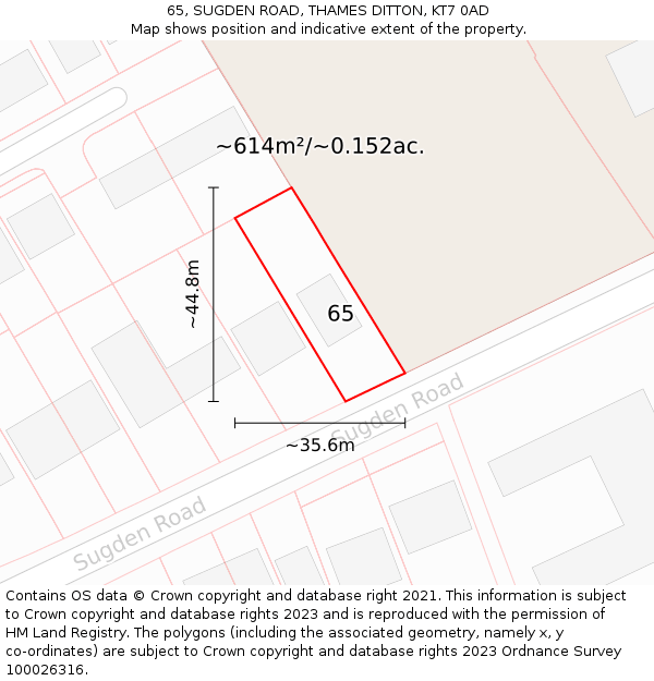 65, SUGDEN ROAD, THAMES DITTON, KT7 0AD: Plot and title map