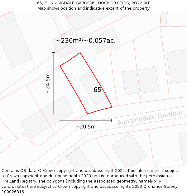 65, SUNNINGDALE GARDENS, BOGNOR REGIS, PO22 9LE: Plot and title map