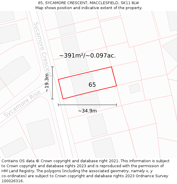 65, SYCAMORE CRESCENT, MACCLESFIELD, SK11 8LW: Plot and title map