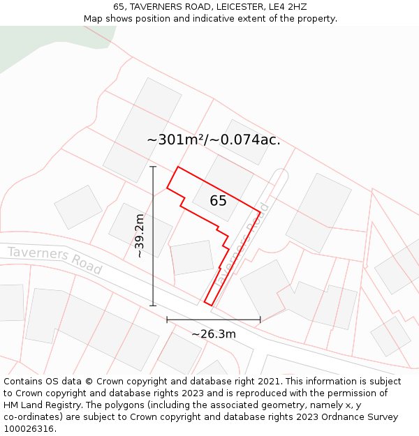 65, TAVERNERS ROAD, LEICESTER, LE4 2HZ: Plot and title map