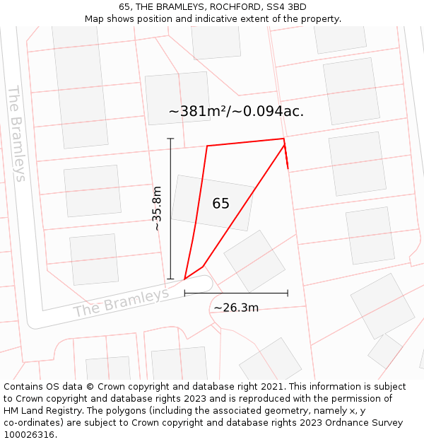 65, THE BRAMLEYS, ROCHFORD, SS4 3BD: Plot and title map