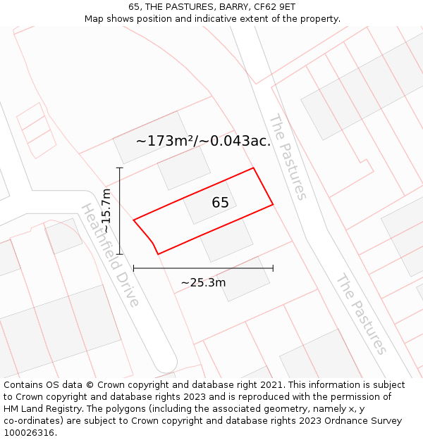 65, THE PASTURES, BARRY, CF62 9ET: Plot and title map