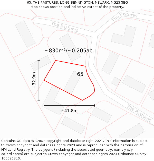 65, THE PASTURES, LONG BENNINGTON, NEWARK, NG23 5EG: Plot and title map