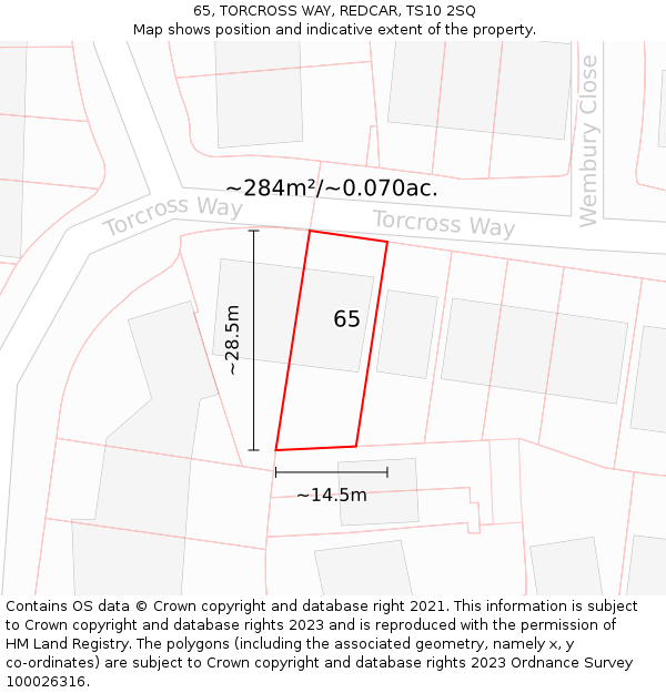 65, TORCROSS WAY, REDCAR, TS10 2SQ: Plot and title map