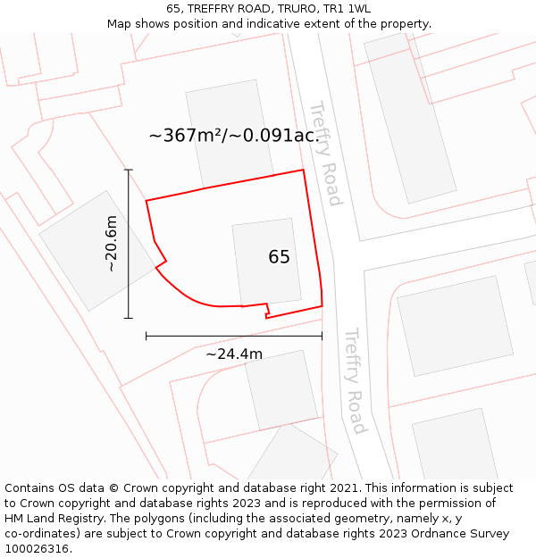 65, TREFFRY ROAD, TRURO, TR1 1WL: Plot and title map