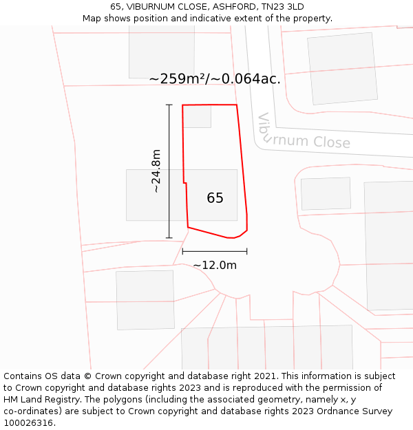 65, VIBURNUM CLOSE, ASHFORD, TN23 3LD: Plot and title map