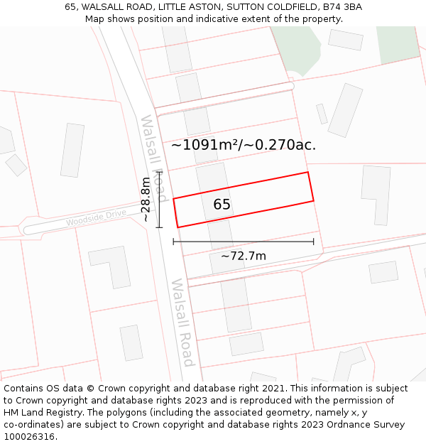 65, WALSALL ROAD, LITTLE ASTON, SUTTON COLDFIELD, B74 3BA: Plot and title map