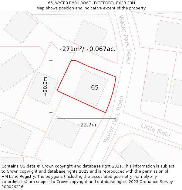 65, WATER PARK ROAD, BIDEFORD, EX39 3RN: Plot and title map