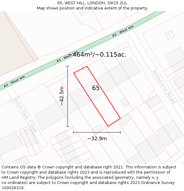65, WEST HILL, LONDON, SW15 2UL: Plot and title map