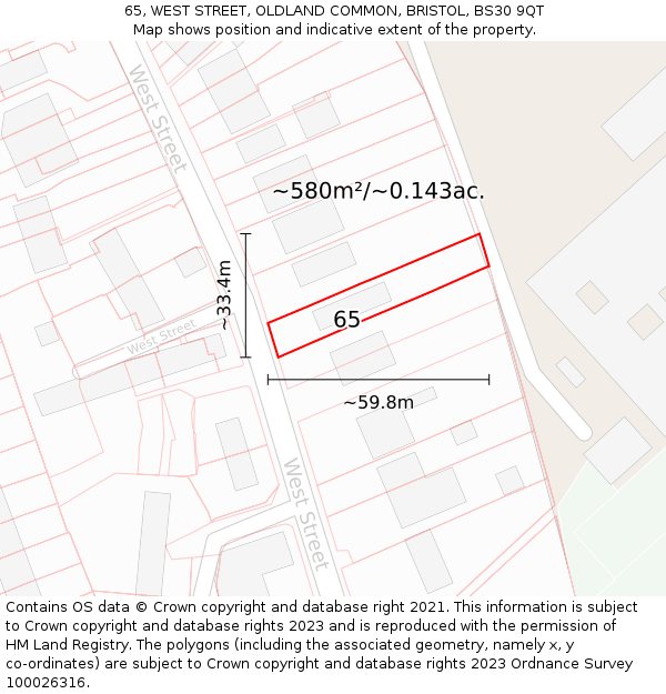 65, WEST STREET, OLDLAND COMMON, BRISTOL, BS30 9QT: Plot and title map