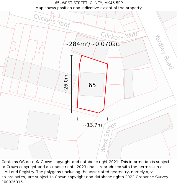 65, WEST STREET, OLNEY, MK46 5EP: Plot and title map
