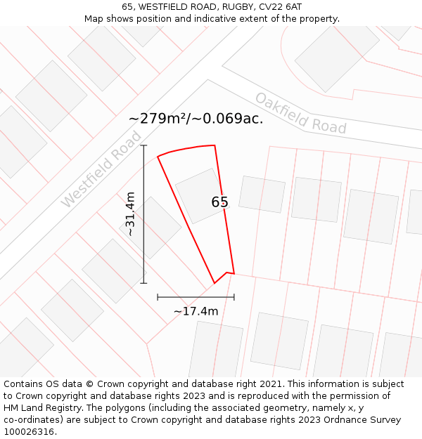 65, WESTFIELD ROAD, RUGBY, CV22 6AT: Plot and title map