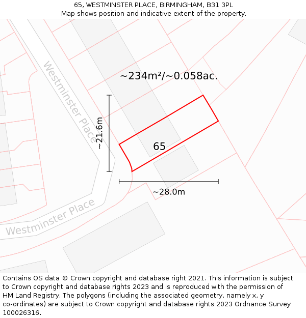 65, WESTMINSTER PLACE, BIRMINGHAM, B31 3PL: Plot and title map