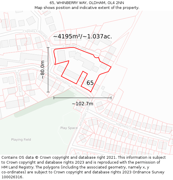 65, WHINBERRY WAY, OLDHAM, OL4 2NN: Plot and title map