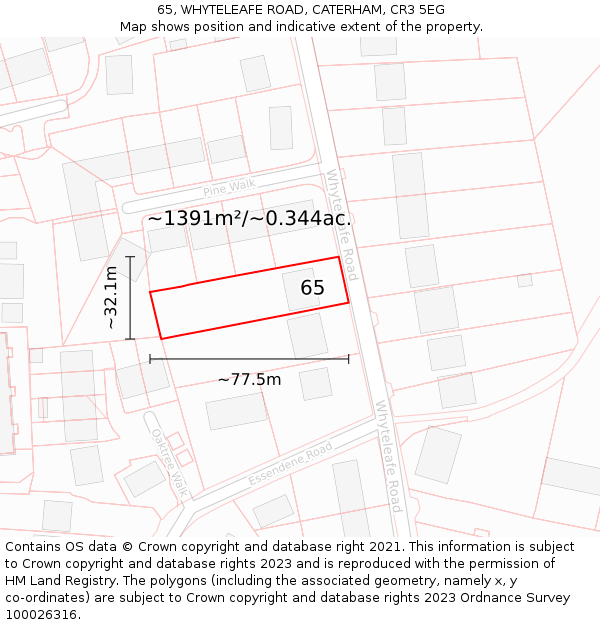 65, WHYTELEAFE ROAD, CATERHAM, CR3 5EG: Plot and title map