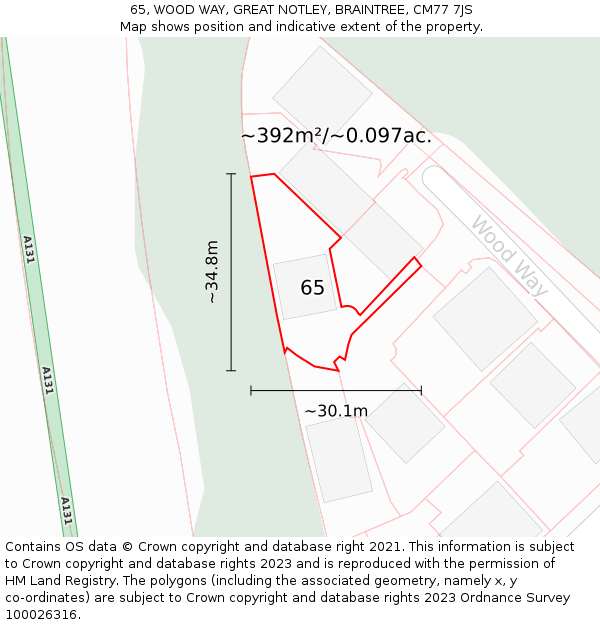 65, WOOD WAY, GREAT NOTLEY, BRAINTREE, CM77 7JS: Plot and title map