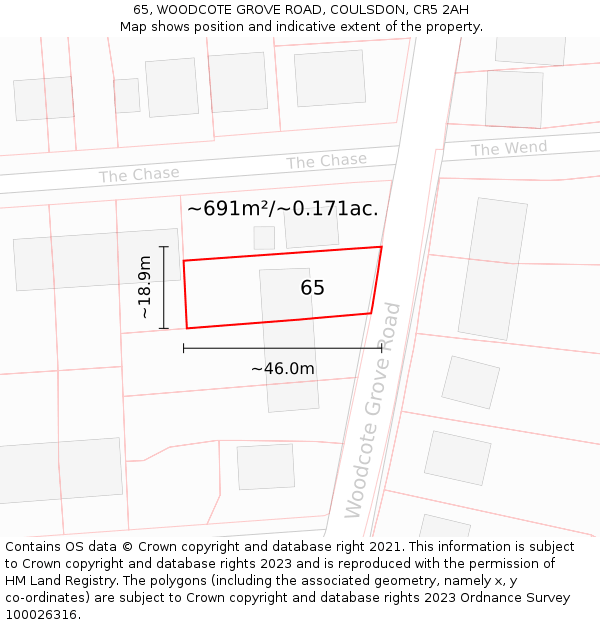 65, WOODCOTE GROVE ROAD, COULSDON, CR5 2AH: Plot and title map