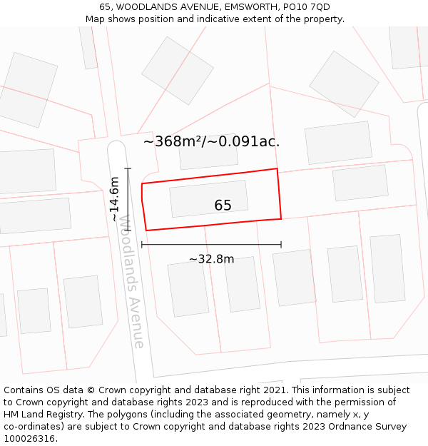 65, WOODLANDS AVENUE, EMSWORTH, PO10 7QD: Plot and title map