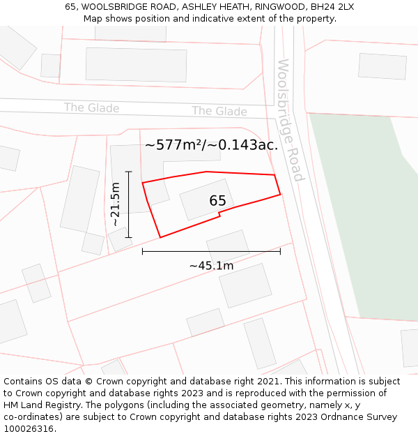 65, WOOLSBRIDGE ROAD, ASHLEY HEATH, RINGWOOD, BH24 2LX: Plot and title map