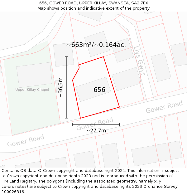 656, GOWER ROAD, UPPER KILLAY, SWANSEA, SA2 7EX: Plot and title map