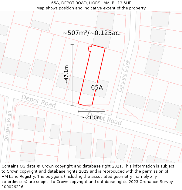 65A, DEPOT ROAD, HORSHAM, RH13 5HE: Plot and title map