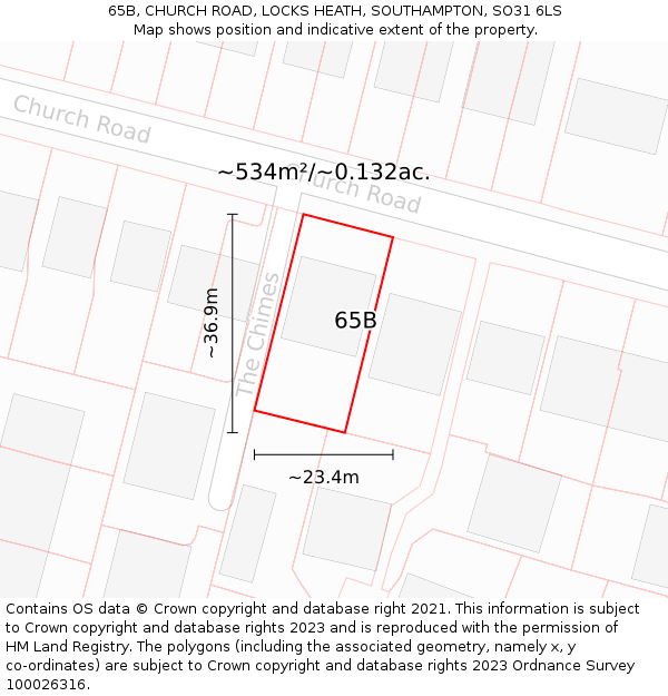 65B, CHURCH ROAD, LOCKS HEATH, SOUTHAMPTON, SO31 6LS: Plot and title map