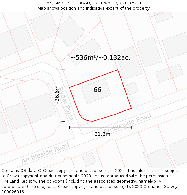 66, AMBLESIDE ROAD, LIGHTWATER, GU18 5UH: Plot and title map