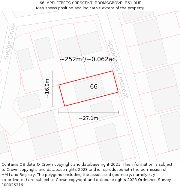 66, APPLETREES CRESCENT, BROMSGROVE, B61 0UE: Plot and title map