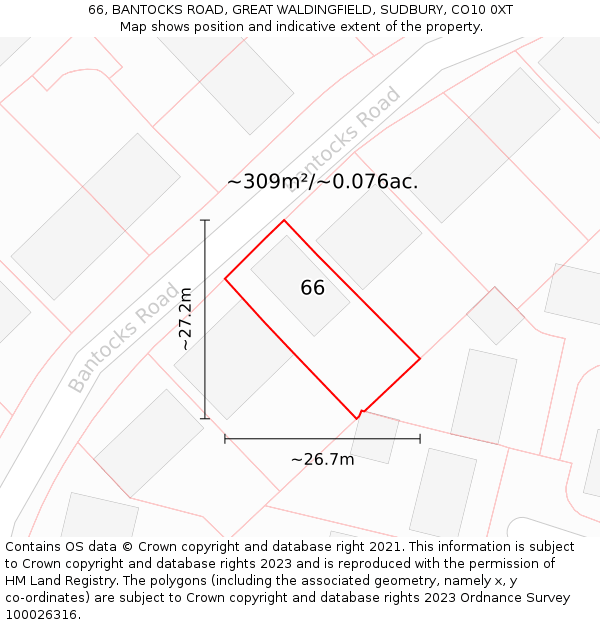 66, BANTOCKS ROAD, GREAT WALDINGFIELD, SUDBURY, CO10 0XT: Plot and title map