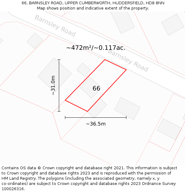 66, BARNSLEY ROAD, UPPER CUMBERWORTH, HUDDERSFIELD, HD8 8NN: Plot and title map