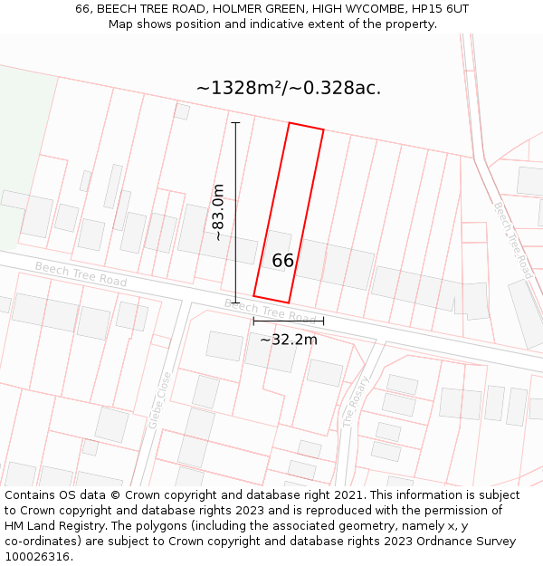 66, BEECH TREE ROAD, HOLMER GREEN, HIGH WYCOMBE, HP15 6UT: Plot and title map