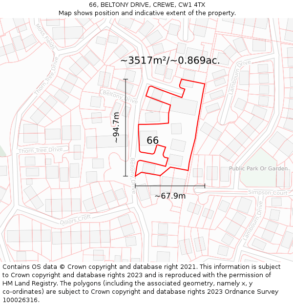 66, BELTONY DRIVE, CREWE, CW1 4TX: Plot and title map