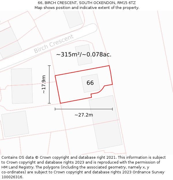 66, BIRCH CRESCENT, SOUTH OCKENDON, RM15 6TZ: Plot and title map