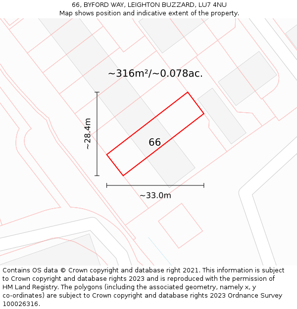 66, BYFORD WAY, LEIGHTON BUZZARD, LU7 4NU: Plot and title map