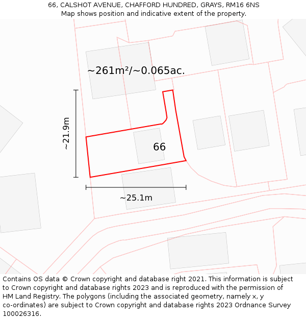 66, CALSHOT AVENUE, CHAFFORD HUNDRED, GRAYS, RM16 6NS: Plot and title map