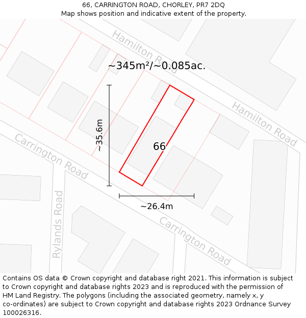 66, CARRINGTON ROAD, CHORLEY, PR7 2DQ: Plot and title map